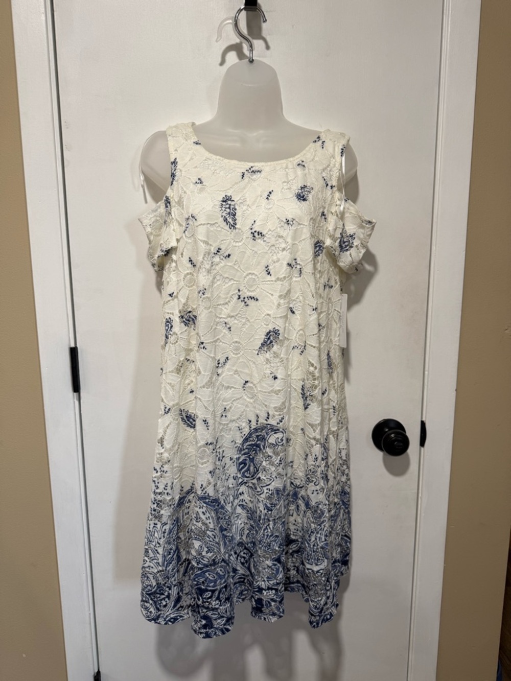 Signature by Robbie Bee Ivory Lace Cold-Shoulder Midi Dress with Blue Paisley